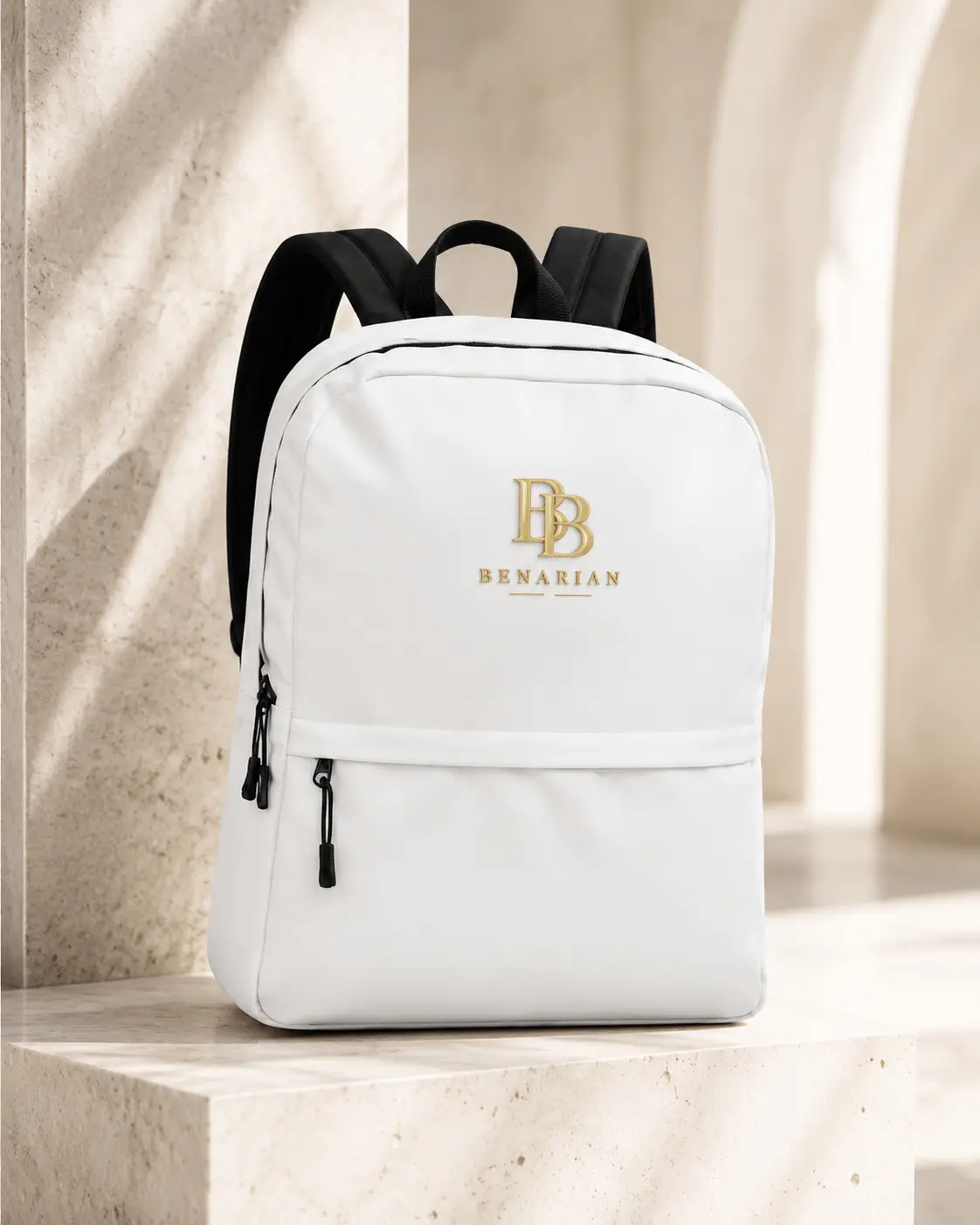 BENARIAN Signature Travel Backpack in white with gold logo