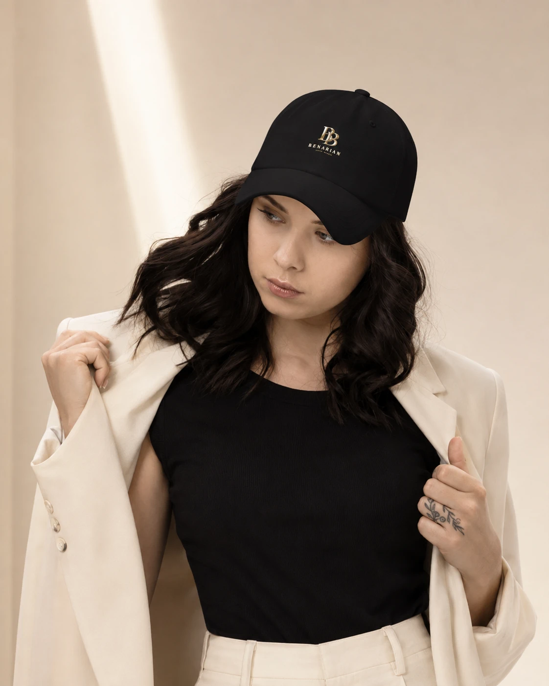 Model wearing BENARIAN Signature Cap
